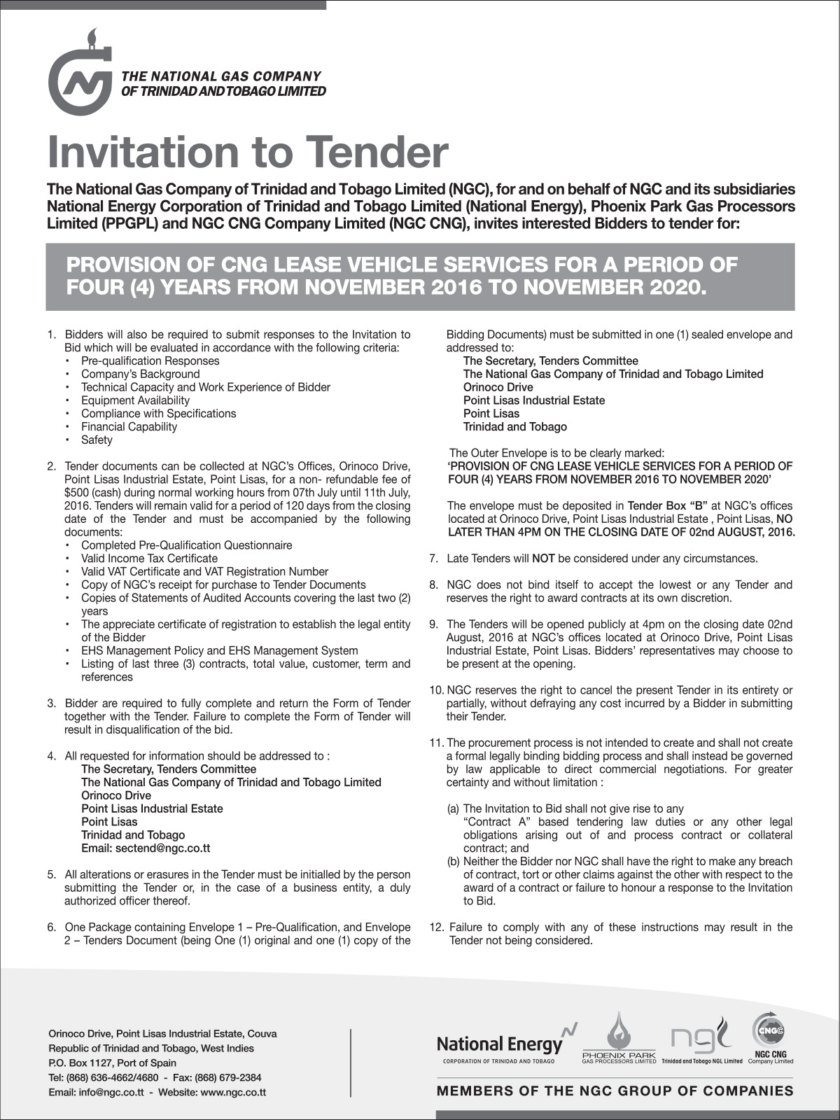 Invitation To Tender Cng Lease Vehicle Services Ngc