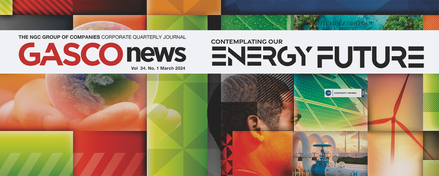 NGC | A colorful magazine cover for "GASCO news" with the theme "Contemplating Our Energy Future." Features images of energy sources, a woman, and various geometric patterns. March 2024 edition.