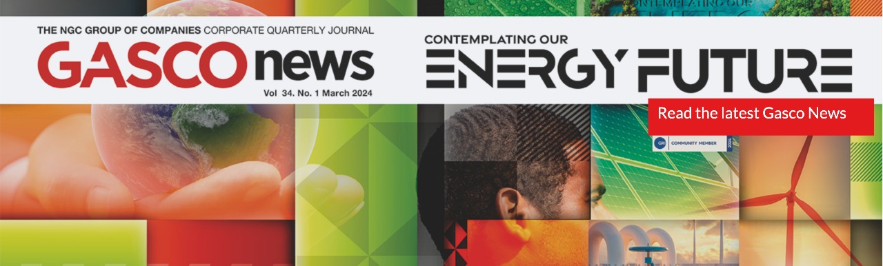 NGC | Cover of a corporate quarterly journal titled "GASCO News" volume 34, number 1, March 2024, with the theme "Contemplating Our Energy Future." A red banner says "Read the latest Gasco News.