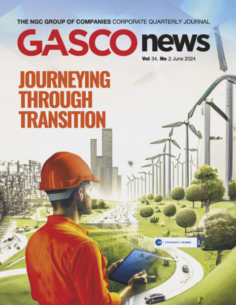 NGC | Cover of GASCO News Corporate Quarterly Journal, Volume 34, Issue 2, June 2024, featuring a worker in an orange helmet with wind turbines and cityscape in the background. Text reads "Journeying Through Transition.