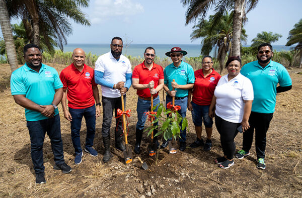 NGC | Group of seven people standing outdoors with shovels, posing beside a newly planted tree. Palm trees and a body of water are visible in the background.