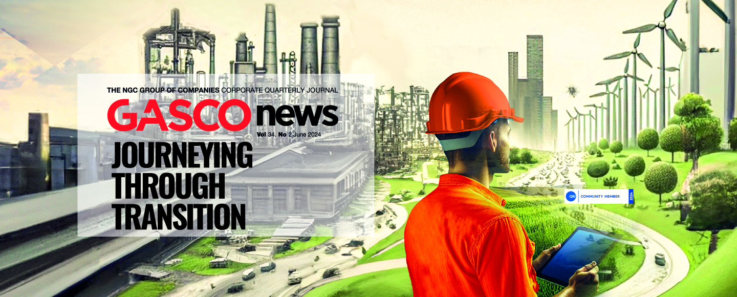 NGC | A person in a hard hat observes industrial buildings and wind turbines. The text reads, "GASCO news, Journeying Through Transition, The NGC Group of Companies Corporate Quarterly Journal, June 2020.