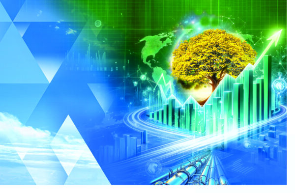 NGC | A tree grows above green bar graphs, set against a digital backdrop with world map and data lines, symbolizing growth and sustainability.