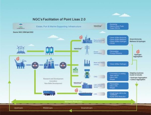 NGC | Infographic illustrating NGC's Facilitation of Point Lisas 2.0 showcases their company profile, highlighting industrial components, energy pathways, and sustainability goals with an emphasis on methane reduction and green energy initiatives.