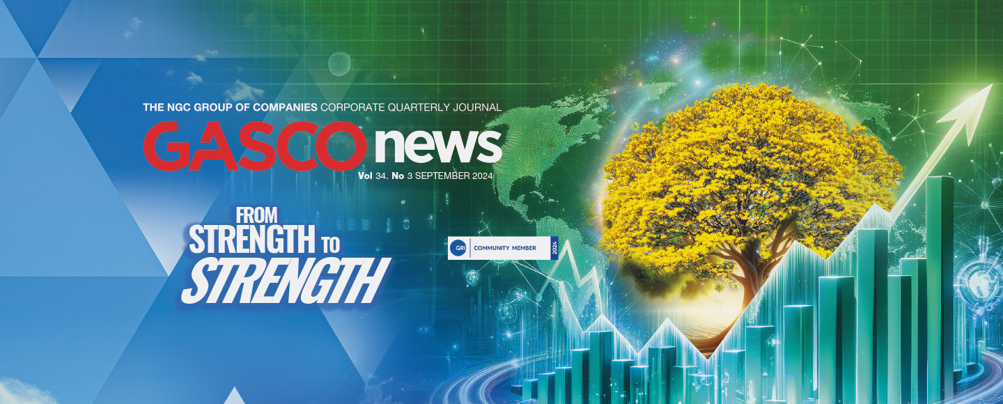 NGC | Gasco News cover featuring a stylized tree, upward-trending graphs, and the text "From Strength to Strength.