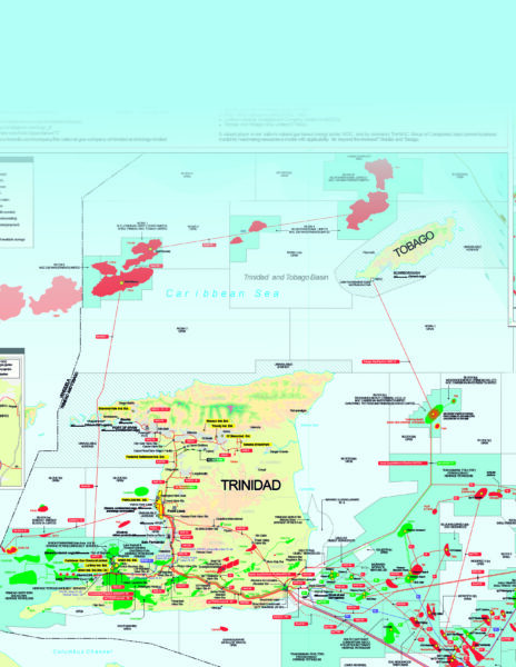 NGC | Map of Trinidad and Tobago showing oil and gas fields in various colors. The Caribbean Sea is labeled to the north.