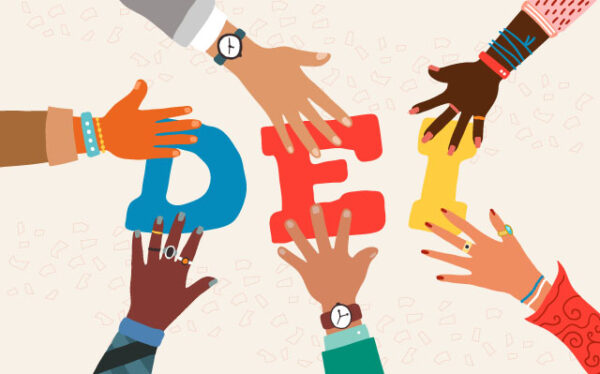NGC | Illustration of diverse hands reaching for the letters "DEI," which are blue, red, and yellow, respectively.