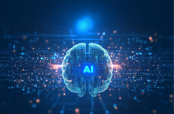NGC | Digital illustration of a glowing blue brain with "AI" in the center, surrounded by circuitry patterns and data lines, representing artificial intelligence and technology.