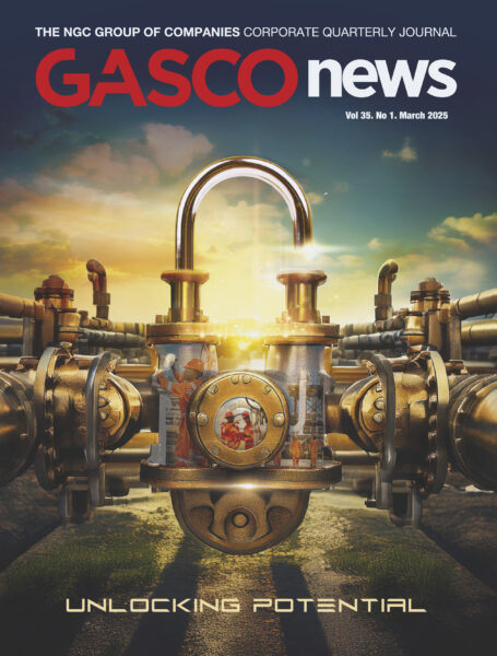 NGC | Cover of GASCO news journal featuring a golden padlock and pipeline valves with a sunrise background. Caption at the bottom reads “Unlocking Potential.”.