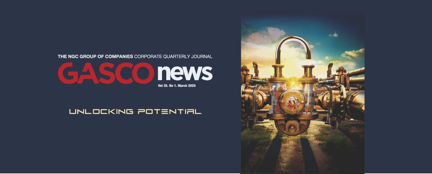 NGC | Front cover of "GASCO news" journal featuring industrial gas pipelines connected to a large padlock, with the tagline "Unlocking Potential" below the image.