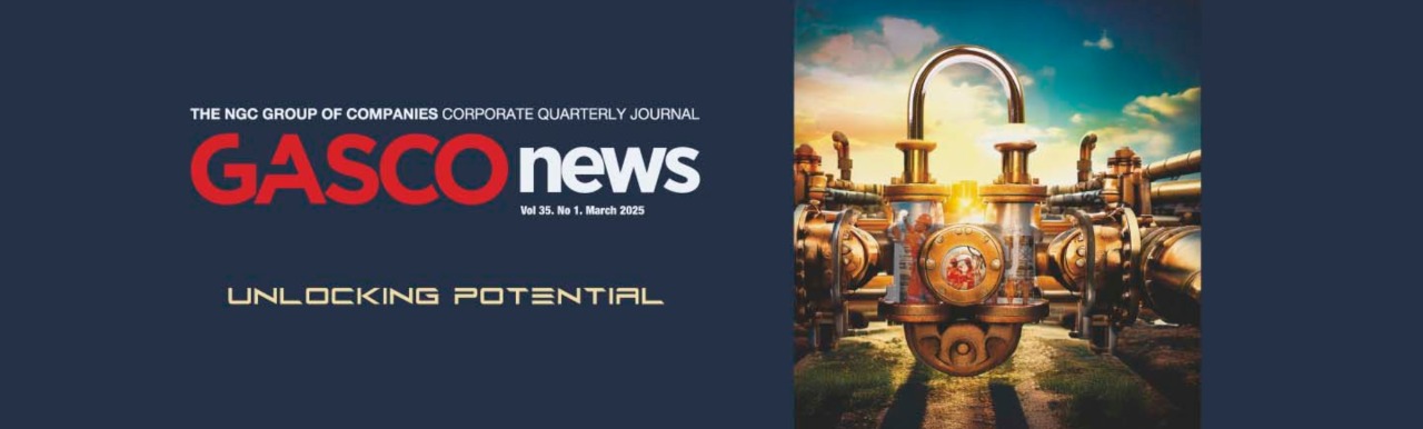NGC | Cover of "GASCO news" journal showing a large padlock on interconnected gas pipelines with the text "UNLOCKING POTENTIAL.